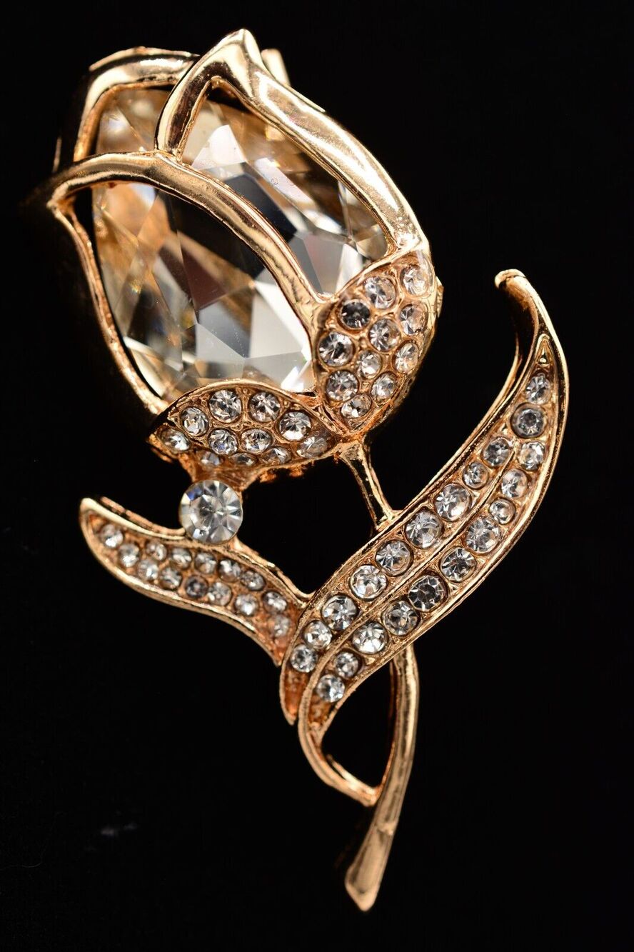 Statement Crystal Rose Pin Brooch Sparkling Rhinestone Gold Spring Y2K BinAQ